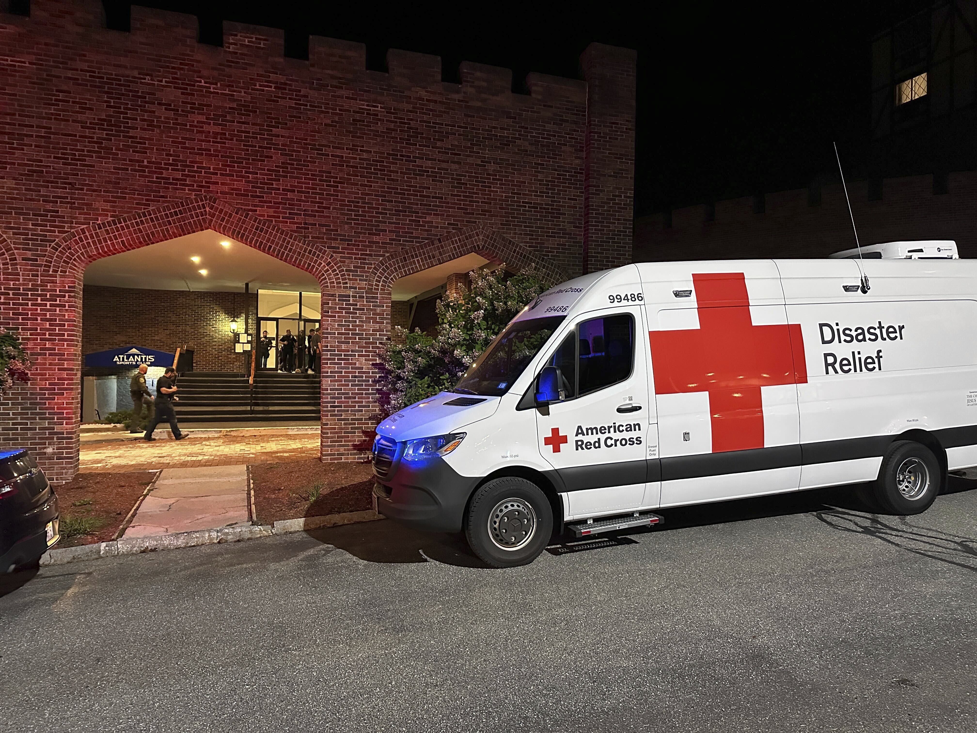 An American Red Cross Disaster Relief van is parked outside a hotel that is acting as a reunification center after a shooting at a country club in Nashua, New Hampshire, on Sept. 20, 2025.